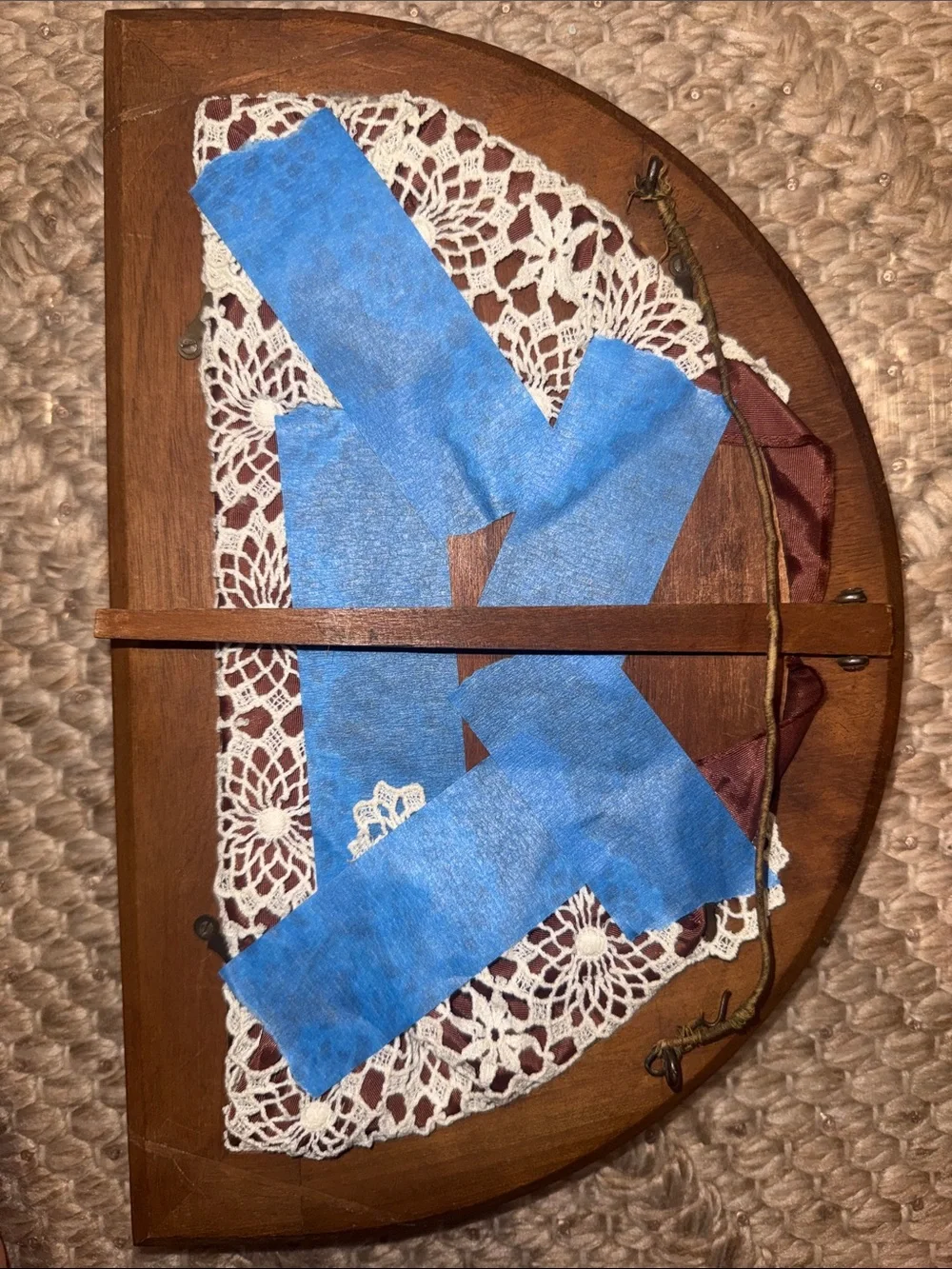 Vintage Lace Wall Hanging / Decorative Cream and Blue Cross-Stitch Wall Pillow